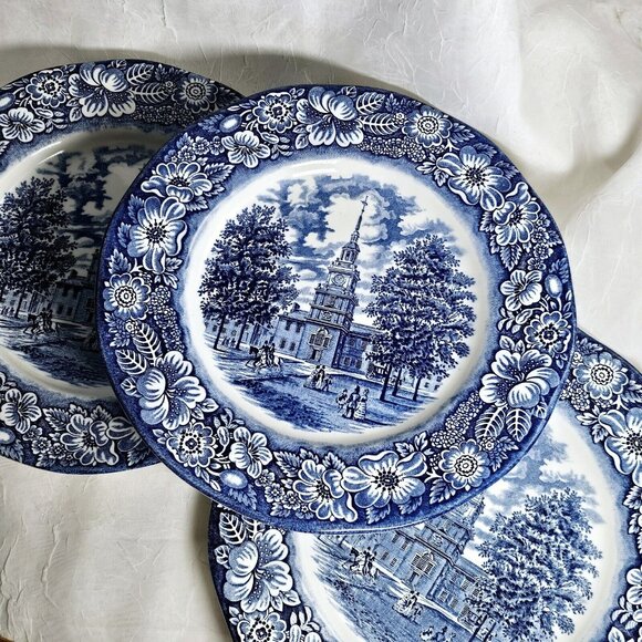 3 Liberty Blue Independence Hall Dinner Plates 10" Staffordshire England Ironsto - Picture 13 of 16